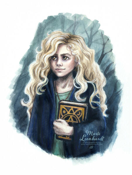 Häxelev, akvarell. Illustration av en ung häxa som håller i en tjock bok med trollformler. Bokillustration, fantasy. Karaktärsdesign.