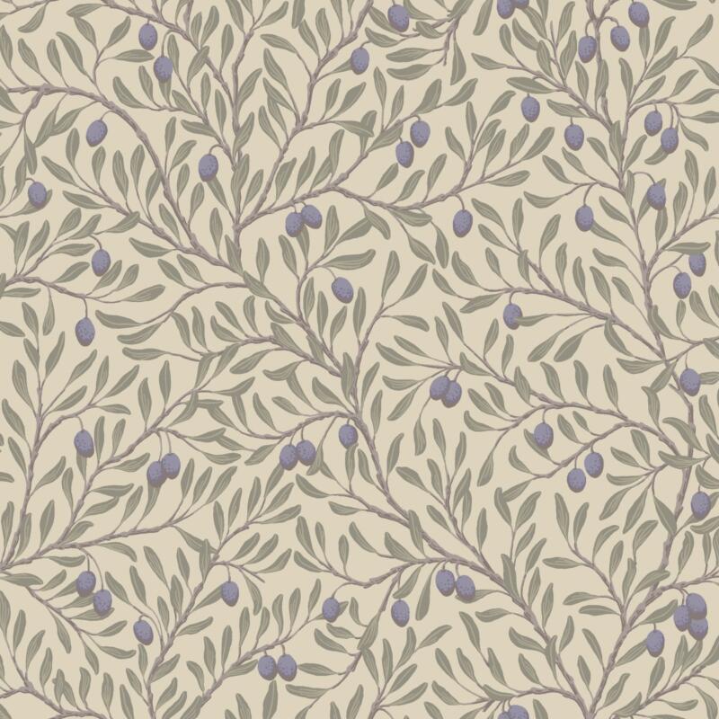 Tapetmönster med olivkvistar som växer tätt över väggen. Handmålat i gouache.