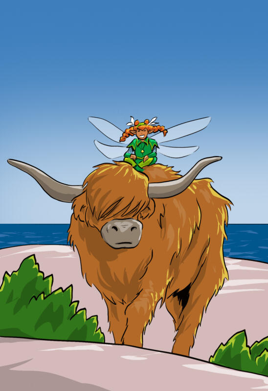 illustration från "Ett får får ett sår". En älva rider på en ko vid vattnet.