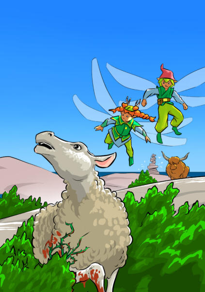 llustration från "Ett får får ett sår". Ett får som fastnat i en buske och gjprt illa sig. två älvor flyger dit och ser oroade ut.