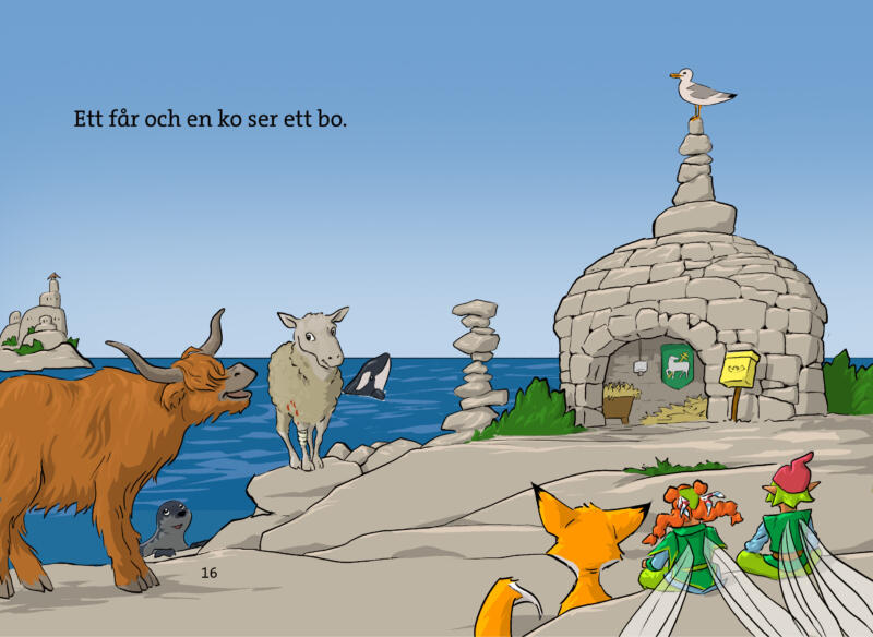 Uppslag från "Ett får får ett sår" Ett Får visar ett stenhus vid vattnet för en ko. Två älvor och flera andra djur ser på. 