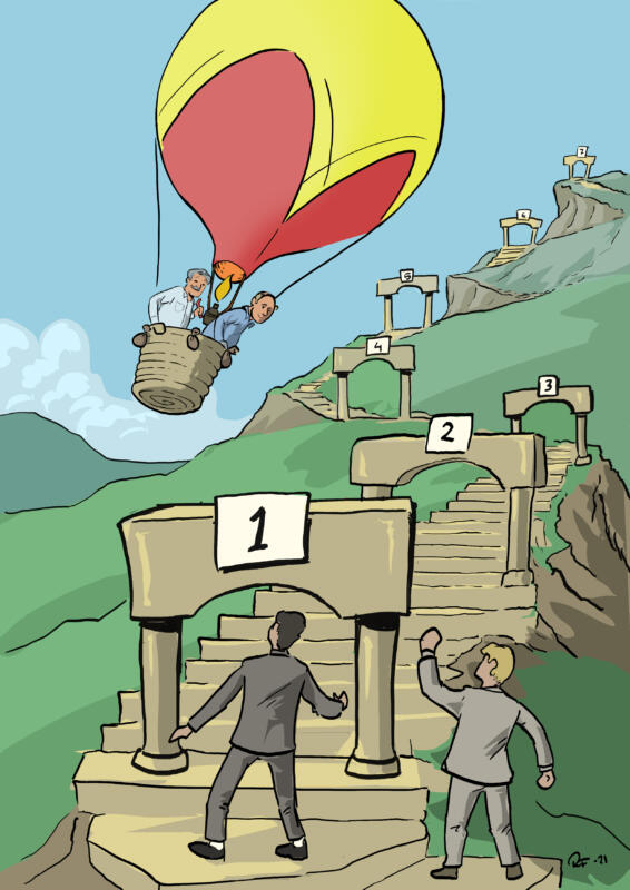 Illustration ur Doktorsavhandlingen "Innovation Resistance. Moving Beyond Dominant Framings". Två män flyger luftballong mot en bergstopp och två andra män går till fots.