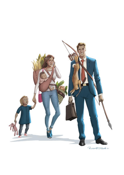 Omslag till Matilda Erikssons avhandling Entreprenörskapets tysta(de) röster. Bilden visar en modern ”entreprenörsfamilj” med attribut av jägar-samlar-kultur tecknad i seriestil. 