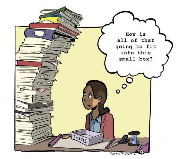 Illustration ur Doktorsavhandlingen "Innovation Resistance. Moving Beyond Dominant Framings". Författaren ser på en hög med papper och undrar hur de ska få plats i en liten låda. 