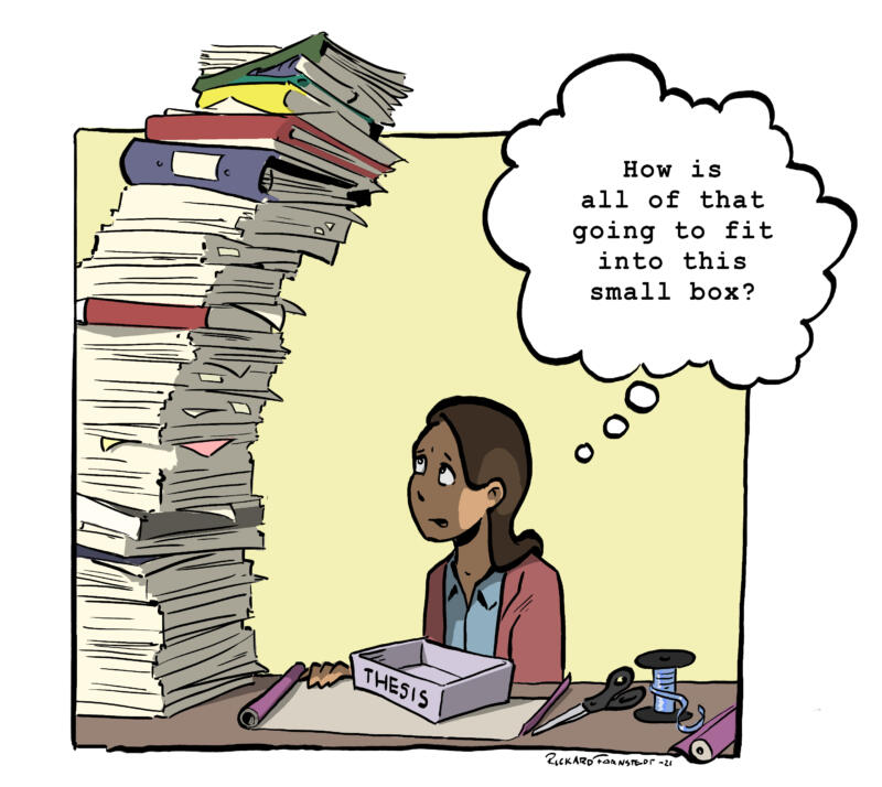 Illustration ur Doktorsavhandlingen "Innovation Resistance. Moving Beyond Dominant Framings". Författaren ser på en hög med papper och undrar hur de ska få plats i en liten låda.