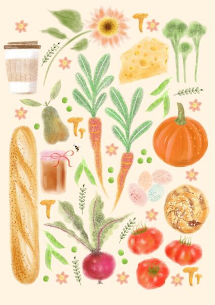 Harvest feast illustration painted in water color