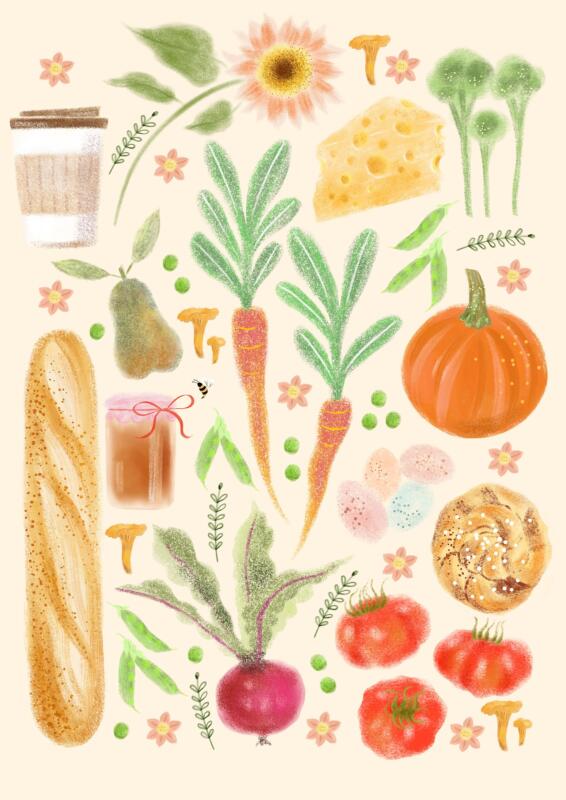 Harvest feast illustration painted in water color