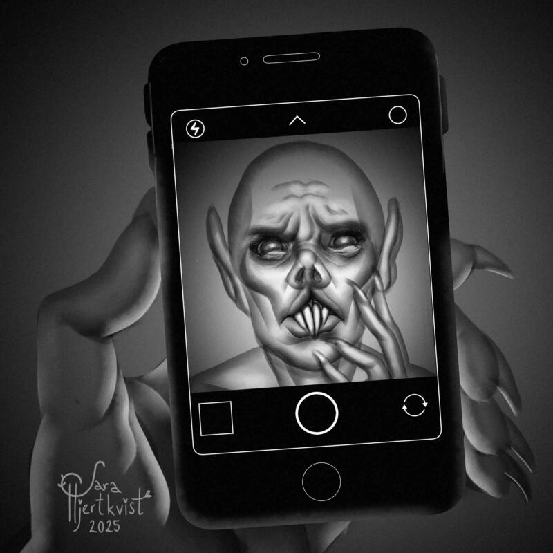 En vampyr med monstruöst utseende tittar på sig själv genom en mobilkamera och ser bekymrad ut.