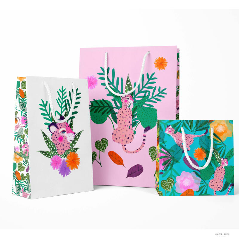 Go wild Cats pattern design on paper bags by illustrator Susse Linton