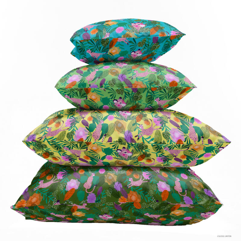 Go wild Cats pattern design on cushions by illustrator Susse Linton