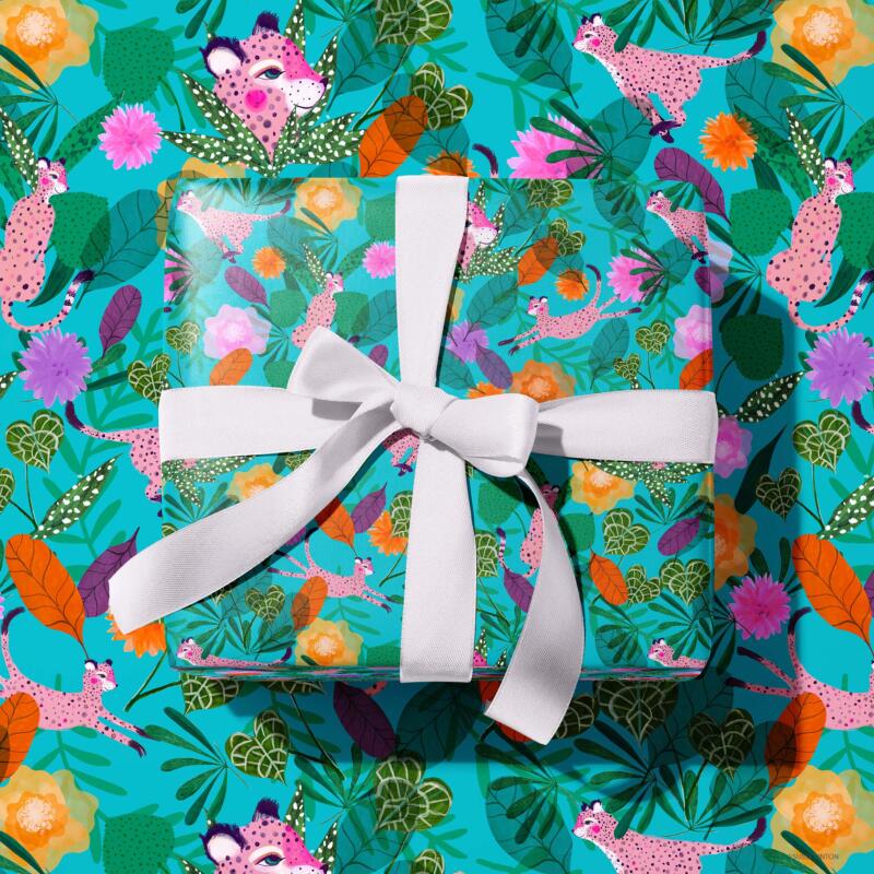 Go wild Cats pattern design on gift wrapping by illustrator Susse Linton
