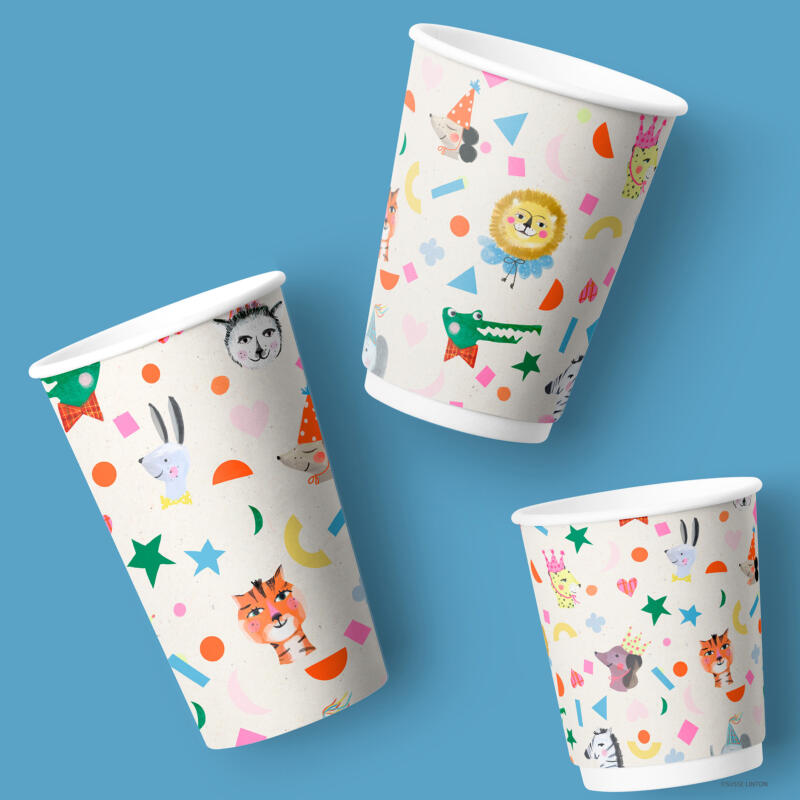 Party Crocodile children's birthday pattern designs on paper cups by Susse Linton