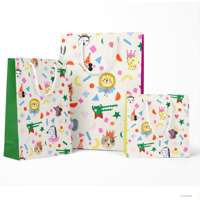 Party Animals children's birthday pattern designs on paper bags by Susse Linton