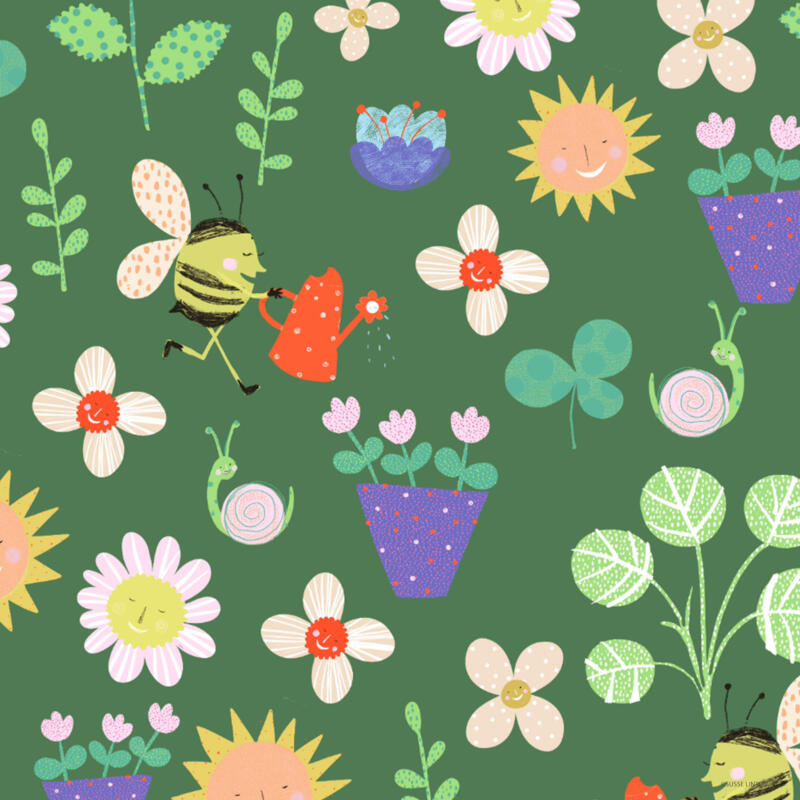 Happy-Play-Fun-Garden pattern featuring bee and flowers  by illustrator Susse Linton