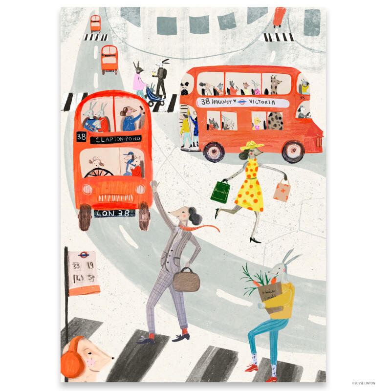 An illustration of London buses the no 38 Bus  by illustrator Susse Linton