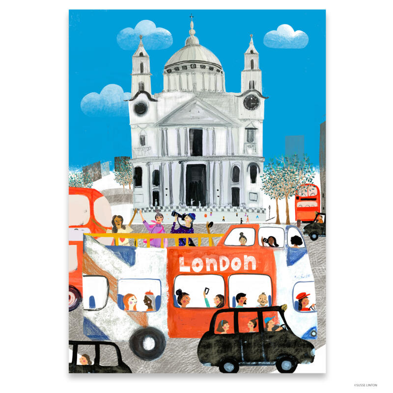 A illustration of teh streets of  London featuring St Pauls by  illustrator Susse Linton