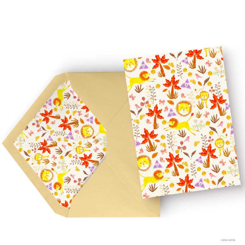 Go Wild Lion pattern design on a greeting card by illustrator Susse Linton