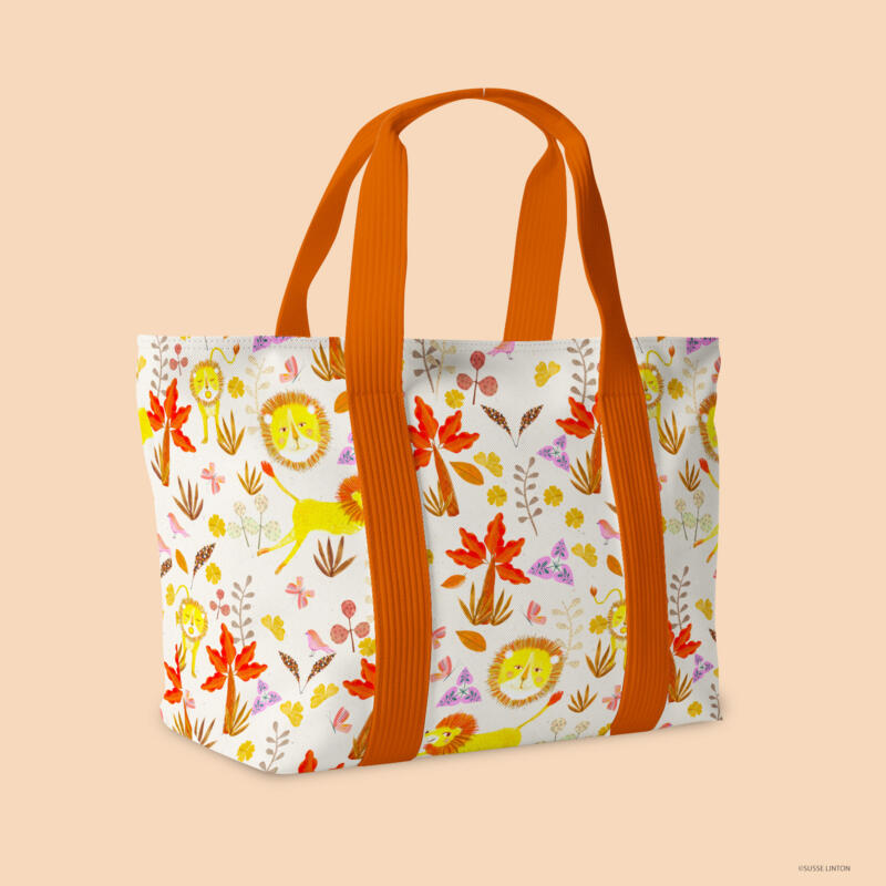 Go Wild Lion pattern design on a fabric bag by illustrator Susse Linton