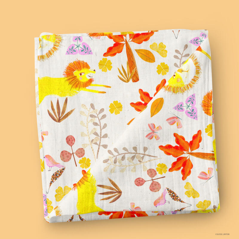 Go Wild Lion pattern design on a fabric by illustrator Susse  Linton