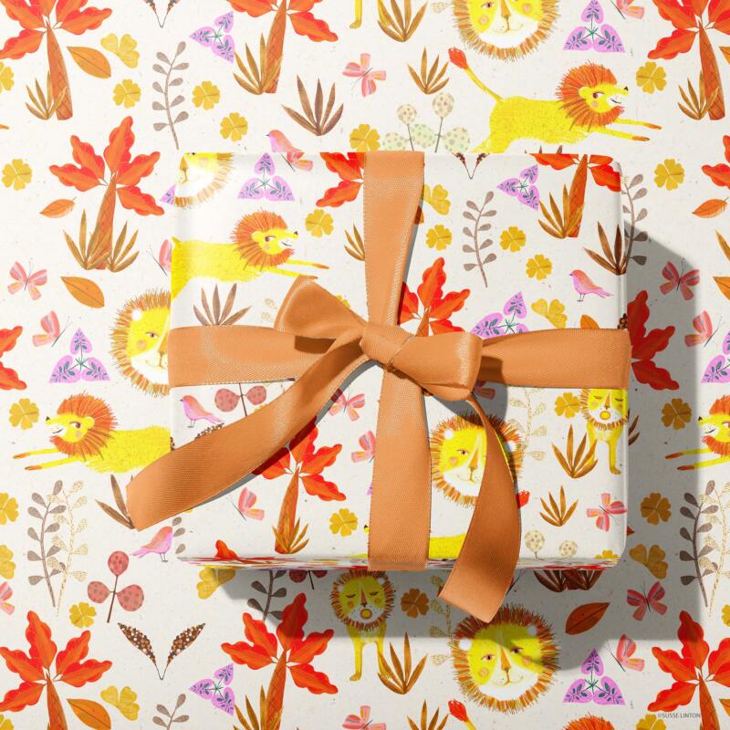 Go Wild Lion pattern design on gift wrap in cream color way by illustrator Susse Linton