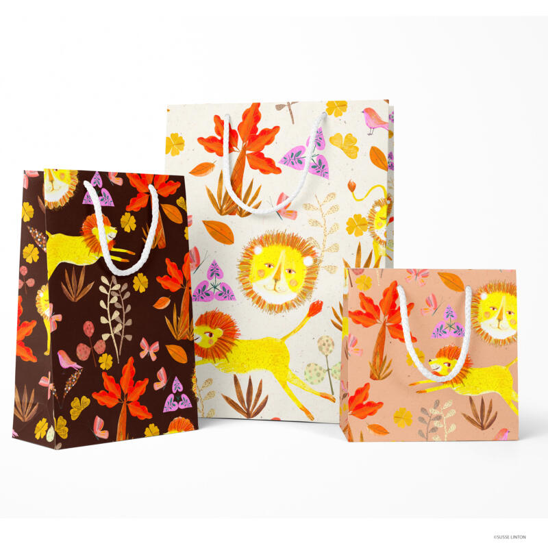Go Wild Lion pattern design on paper bags by illustrator Susse Linton