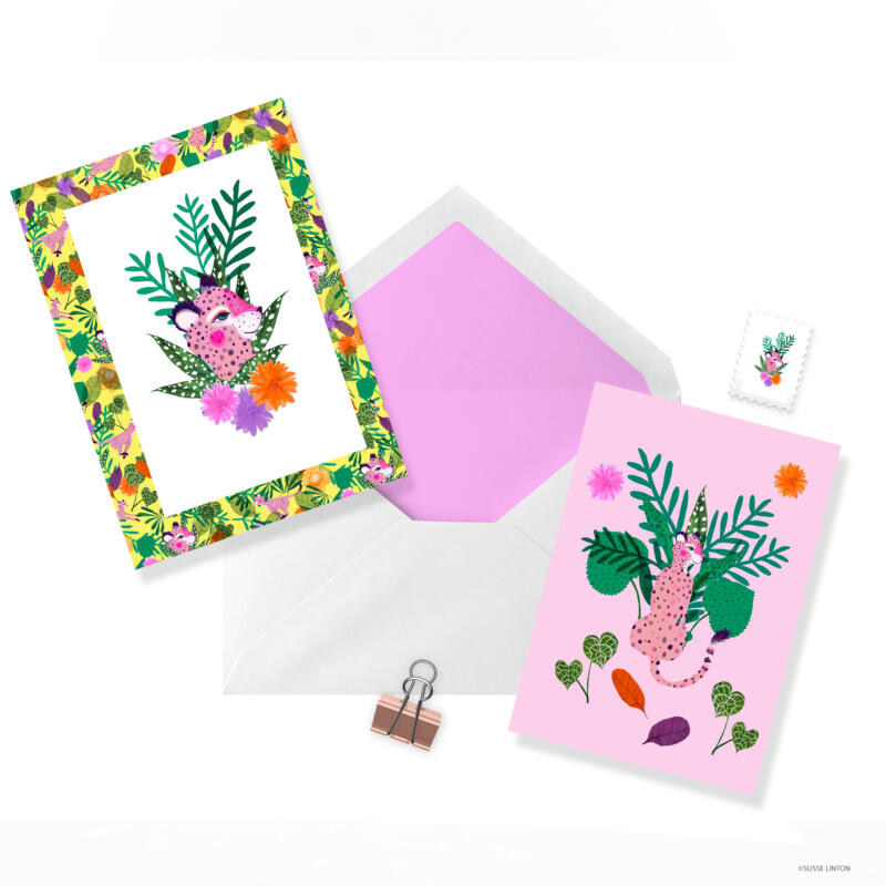 Go wild Cats pattern design on a greeting card by illustrator Susse Linton