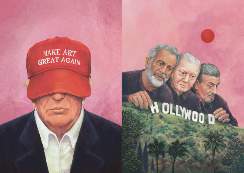 Illustration som föreställer Donald Trump i MAGA-keps och skådespelarna Mel Gibson, Jon Voight och Sylvester Stallone vid Hollywoodskylten. 