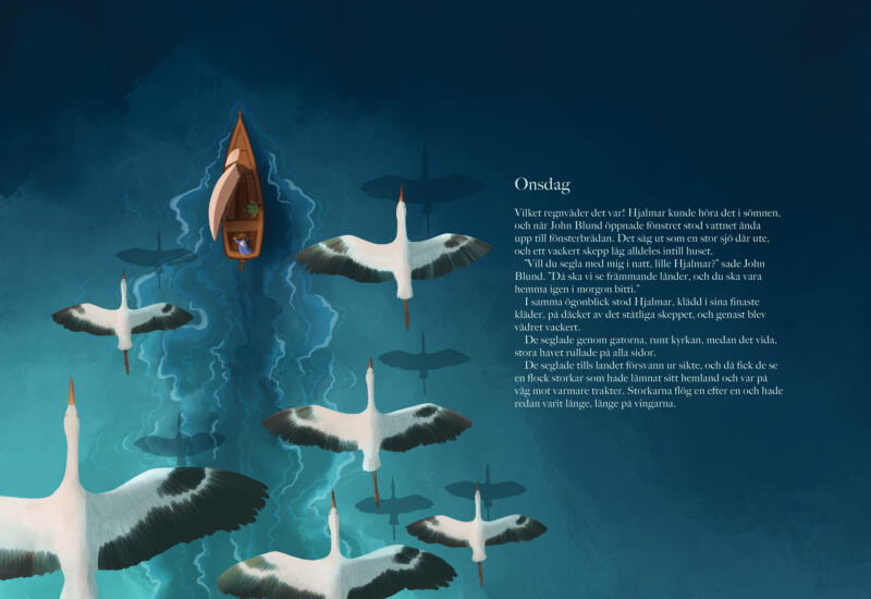 En båt som seglar på havet med storkar som flyger ovanför. I båten sitter John Blund och pojken Hjalmar.