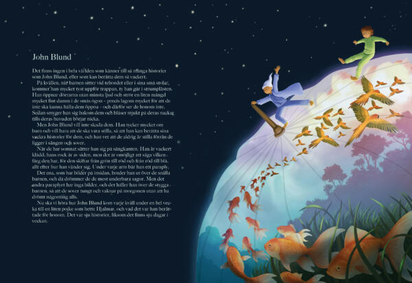 Illustration av John Blund och pojken Hjalmar som klättrar på ett gigantiskt paraply. I paraplyet kan man se fiskar och papegojor och vacker natur. Runt om pojkarna ser man en natthimmel.