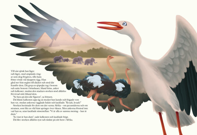 En stork som pratar om hans hem i Afrika. I storkens utsträckta vinge visas elefanter, strutsar och pyramider.