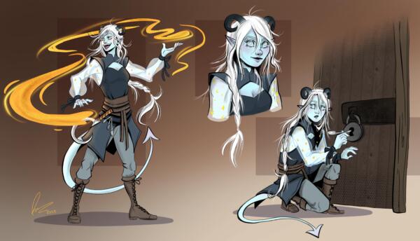 Character design for my dnd character Susie Silverspoon, a tiefling sorcerer