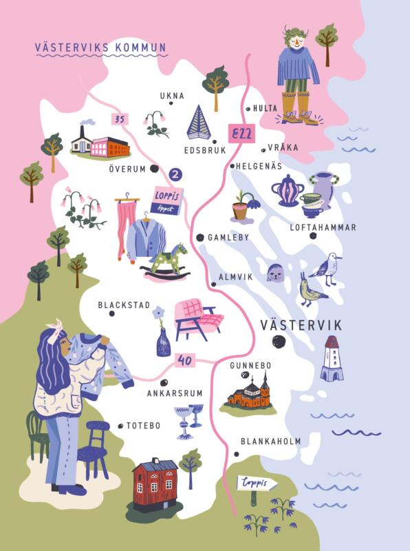 Illustrativ karta över Västervik, en skärgårdsstad, med människor, hus, loppisfynd, kyrka och djur utritade. Även träd och olika miljöer är med i illustrationen. Illustrationen har en grafiskt ren ton och en färgglad palett. 