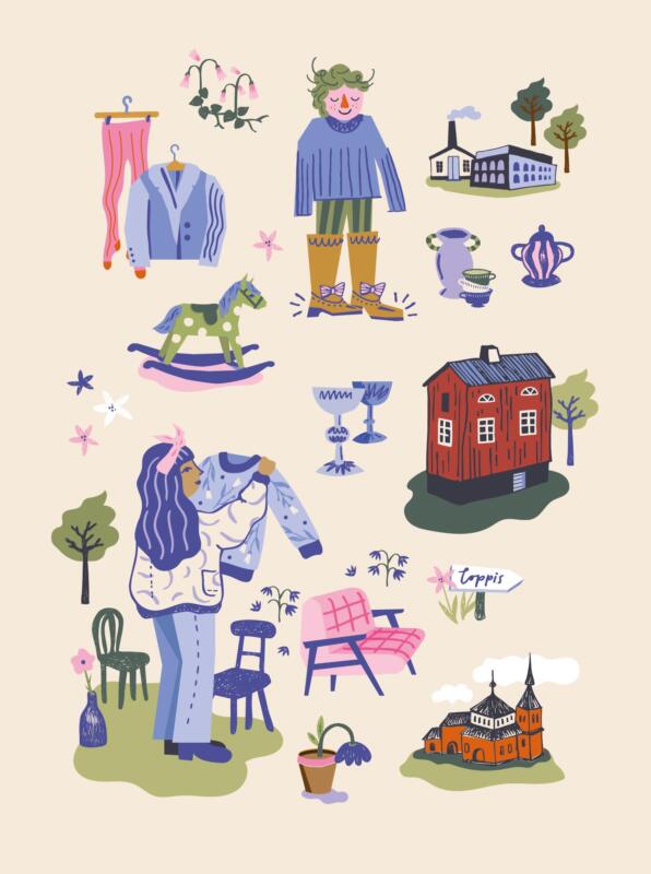 Illustration över att gå på loppis, en tjej hittar loppisfynd i form av en tröja och stolar, en pojke hittar förtjusande stövlar. Med i bilden är flera saker såsom kruka, blommor, glas och porslin, leksaker kläder. En ser också en kyrka och en fabrik och loppisskyltar.