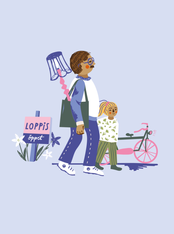 Pappa/man och barn promenerar tillsammans till en loppis där de säljer cyklar och lampor.