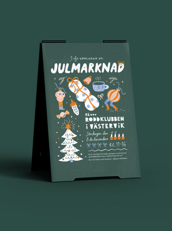 Illustration med handskriven typografi, julgran, julstjärna, figurer, godis, kotte, rosett, julpynt, varm choklad och paket. Illustrationen har en lekfull och grafisk stil.