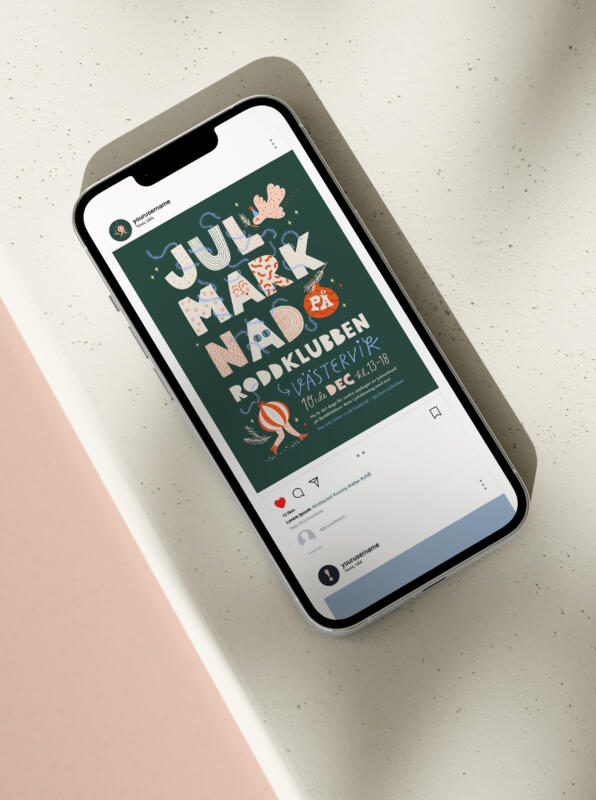 Kampanjbild anpassad till Instagramflödet, gjorde med handgjord typografi, julkulor, julpynt, fågel och information om evenemanget.