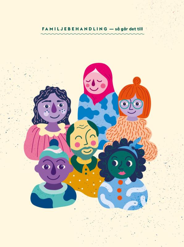 Olika människor i grupp. Illustrationen är färgglad och människorna är förseeda med olika useenden i fråga om frisyrer, mönster på kläderna och etnicitet.