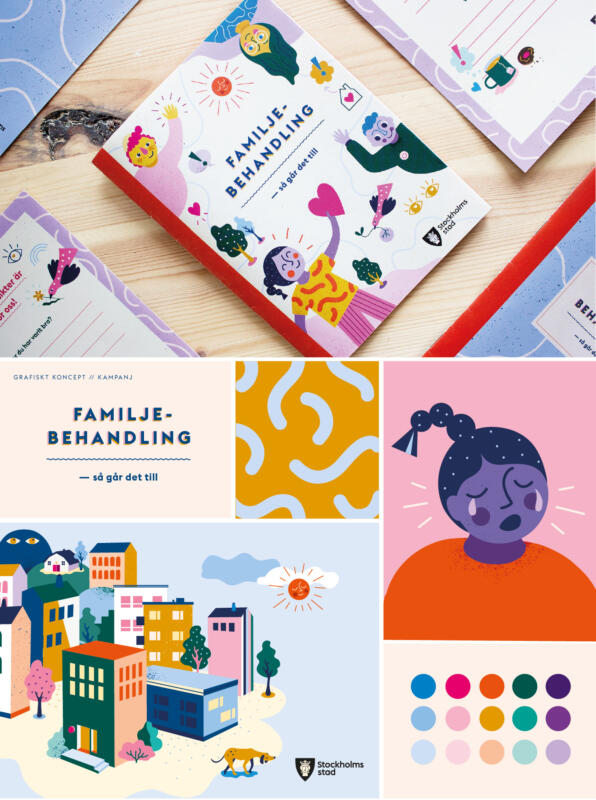 Ungdomar, barn och människor, diskuterar, ställer frågor och lyssnar. Stasbild av en mindre stad med hus, träd, berg och hund. Grafiska element så som skola, växter, fågel och moln är med i bilden. Det är klara färger och ett grafiskt rent uttryck.