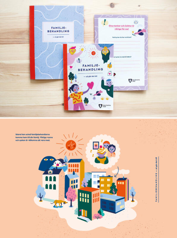 Ungdomar, barn och människor, diskuterar, ställer frågor och lyssnar. Stasbild av en mindre stad med hus, träd, berg och hund. Grafiska element så som skola, växter, fågel och moln är med i bilden. Det är klara färger och ett grafiskt rent uttryck.