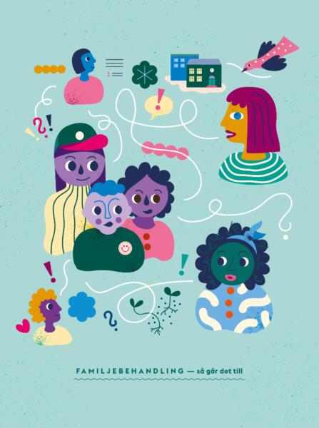 Ungdomar, barn och människor, diskuterar, ställer frågor och lyssnar. Grafiska element så som skola, växter, fågel och moln är med i bilden. Det är klara färger och ett grafiskt rent uttryck.