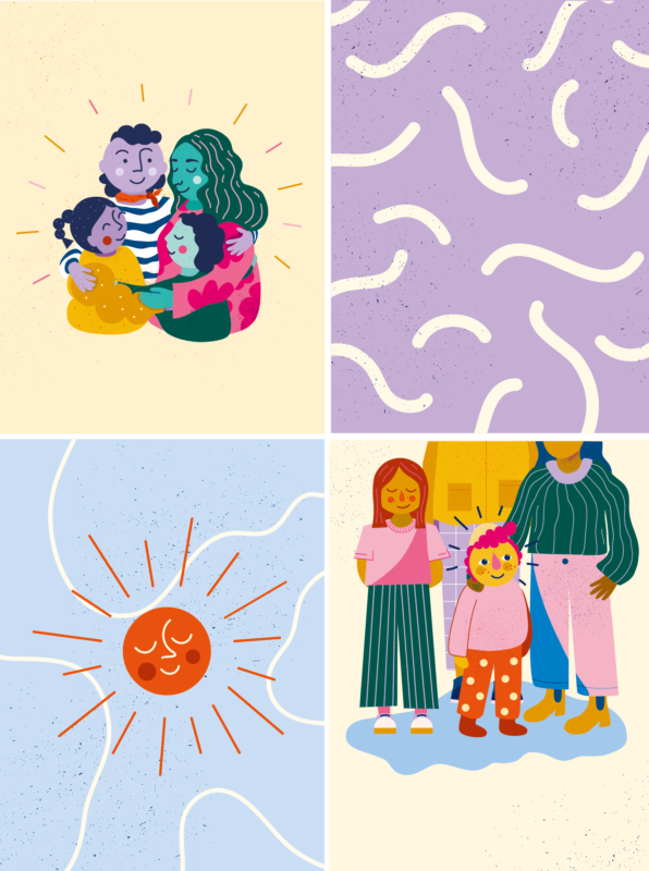 Olika typer av familjer där barnet är i fokus. Människorna ser olika ut i fråga om frisyrer, kläder och färger. Illustrationerna är grafiskt avskalade och färgglada.
