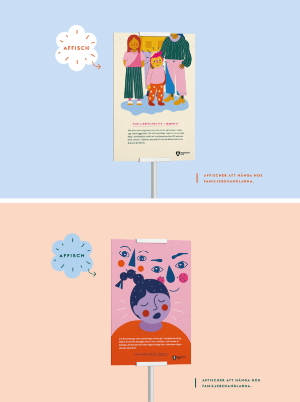 Affischer med ungdomar, barn och människor, diskuterar, ställer frågor och lyssnar. Grafiska element så som skola, växter, fågel och moln är med i bilden. Det är klara färger och ett grafiskt rent uttryck.