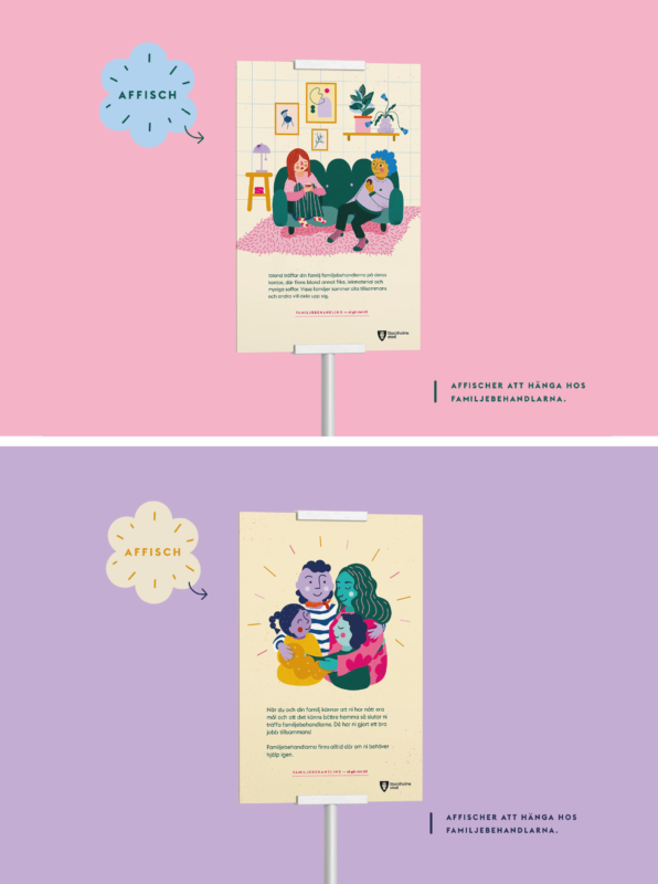 Affischer med ungdomar, barn och människor, diskuterar, ställer frågor och lyssnar. Grafiska element så som skola, växter, fågel och moln är med i bilden. Det är klara färger och ett grafiskt rent uttryck.