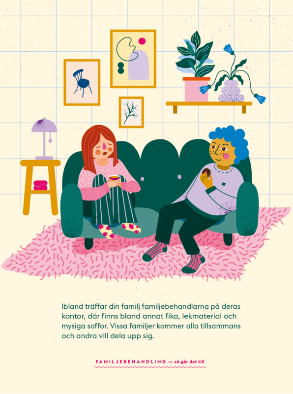 Ungdomar som hänger i en soffa diskuterar, ställer frågor och lyssnar. Miljön är illustrerad i form av matta, tavla, bord och hyllor. Det är klara färger och ett grafiskt rent uttryck.