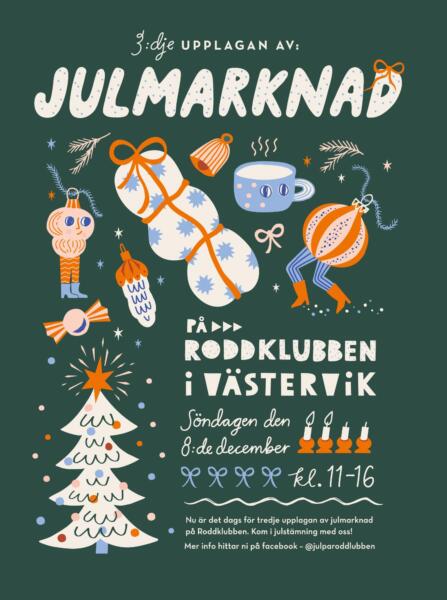Affisch med handskriven typografi, julgran, julstjärna, figurer, godis, kotte, rosett, julpynt, varm choklad och paket. Illustrationen har en lekfull och grafisk stil.
