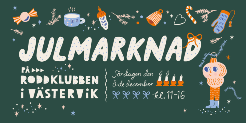 Facebook post med handskriven typografi, julgran, julstjärna, figurer, godis, kotte, rosett, julpynt, varm choklad och paket. Illustrationen har en lekfull och grafisk stil.