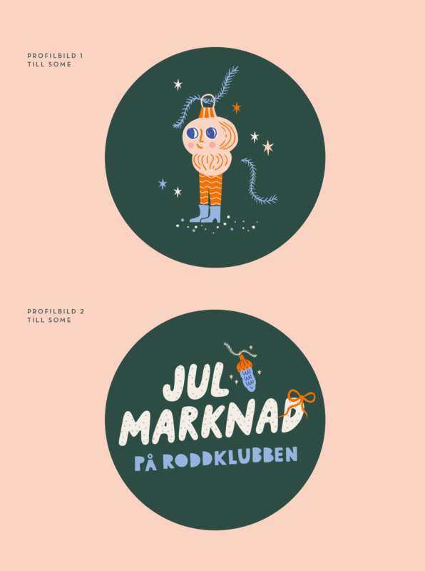 Profilbild med handskriven typografi, julgran, julstjärna, figurer, godis, kotte, rosett, julpynt, varm choklad och paket. Illustrationen har en lekfull och grafisk stil.