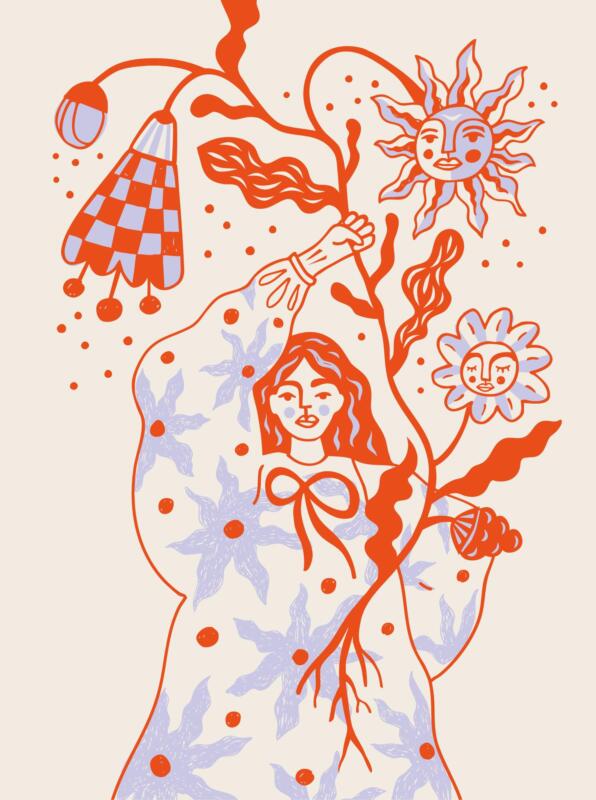 Stark, självständig, kreativ kvinna med höjd näve i blommig klänning som håller en planta där det växer en blomma och en sol. Grafiskt enkel i färgerna lila och orange. Inre styrka och systerskap