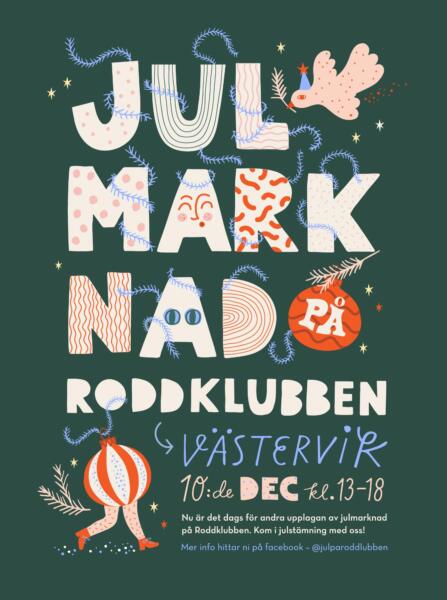 Affisch för julmarkand föreställande julpynt, glitter och jirlanger.  Handritad rubrik och typografi. Affischen är gjord i färgskalan grönt, rosa och blått och ska ge julstämning.