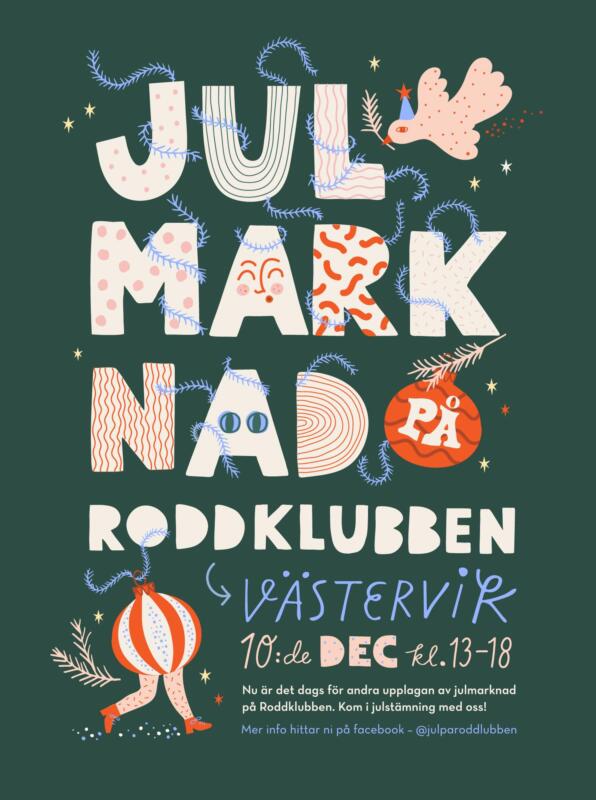 Affisch för julmarkand föreställande julpynt, glitter och jirlanger.  Handritad rubrik och typografi. Affischen är gjord i färgskalan grönt, rosa och blått och ska ge julstämning.